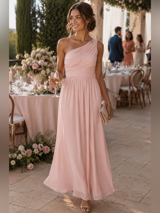 Dresses & Skirts - Elegant Blush Pink One Shoulder Bridesmaid Formal Maxi Gown Wedding Guest Dress